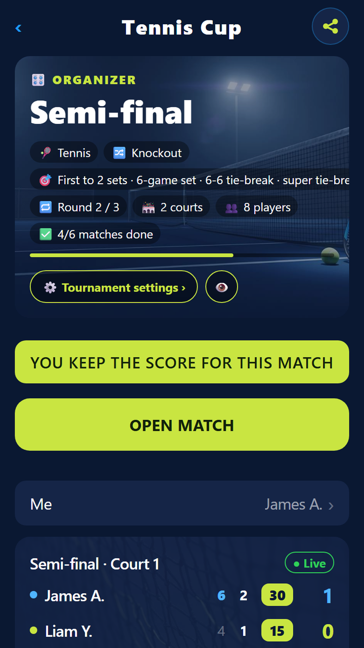 Organizer screen: tennis knockout, standard-set rules and a live semi-final