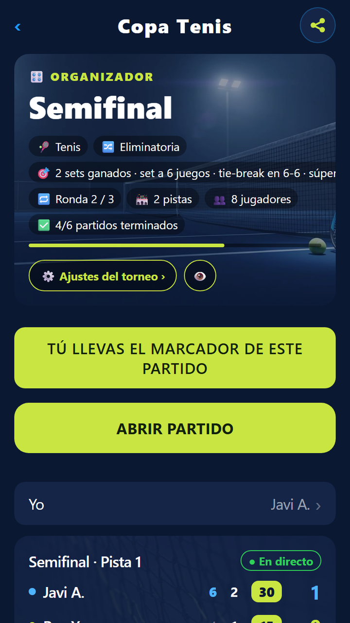 Pantalla del organizador: eliminatoria de tenis, regla de sets normales y semifinal en directo