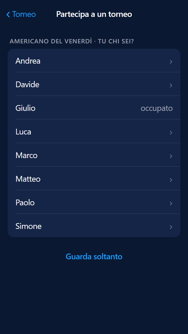 Schermata partecipa al torneo: lista giocatori, indicatore di nome già preso e link solo spettatore