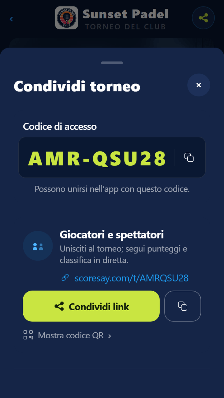 Scheda condividi torneo: codice grande, link al pannello live, pulsante condividi e riga per mostrare il QR