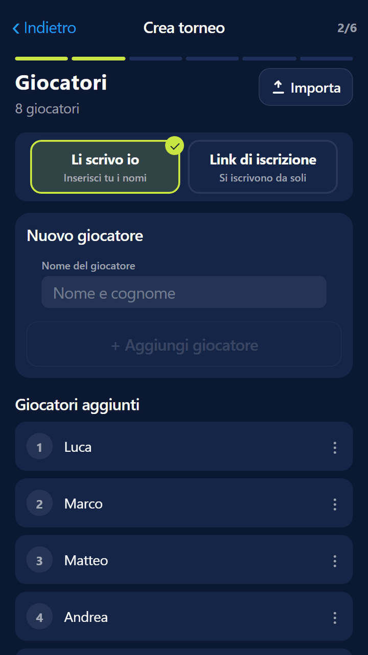 Procedura di configurazione, passo giocatori: lista, contatore giocatori e campo del nome