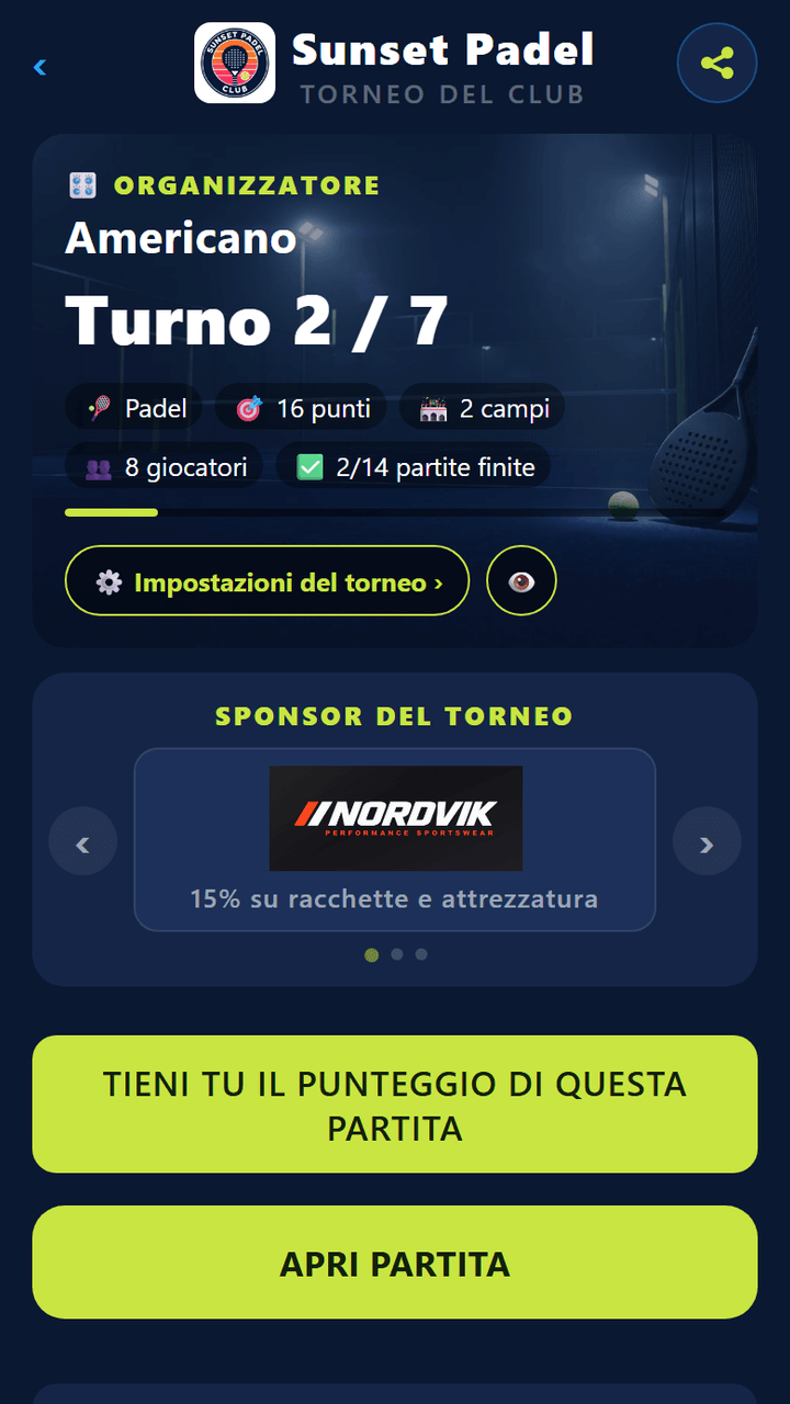 Schermata organizzatore: turno 2 di 7, due campi, punteggi live e classifica