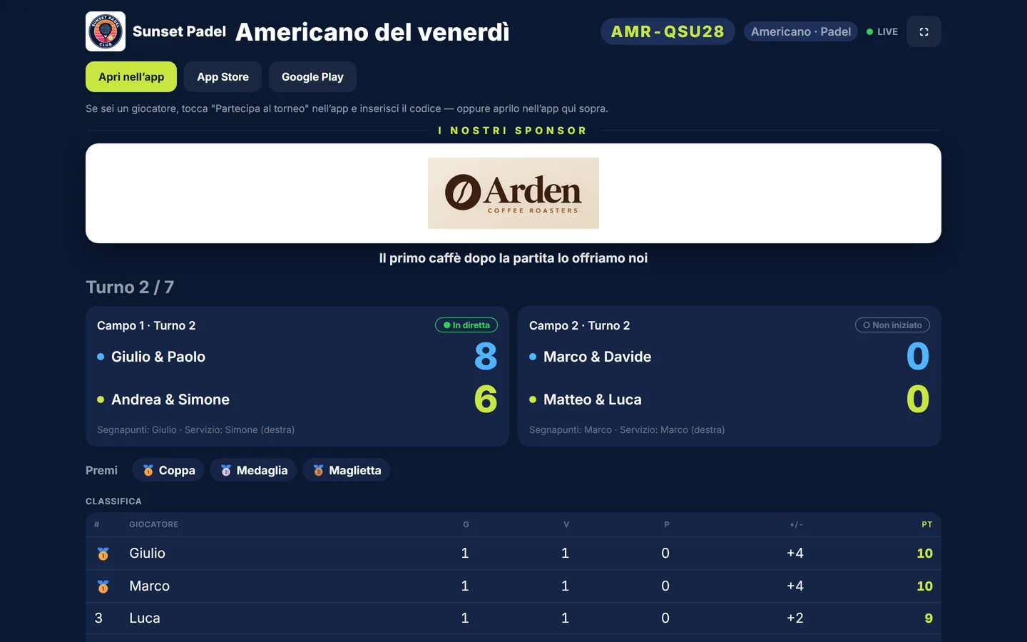 Pannello live: logo del club, codice, striscia sponsor, punteggi live su due campi, etichette dei premi e classifica