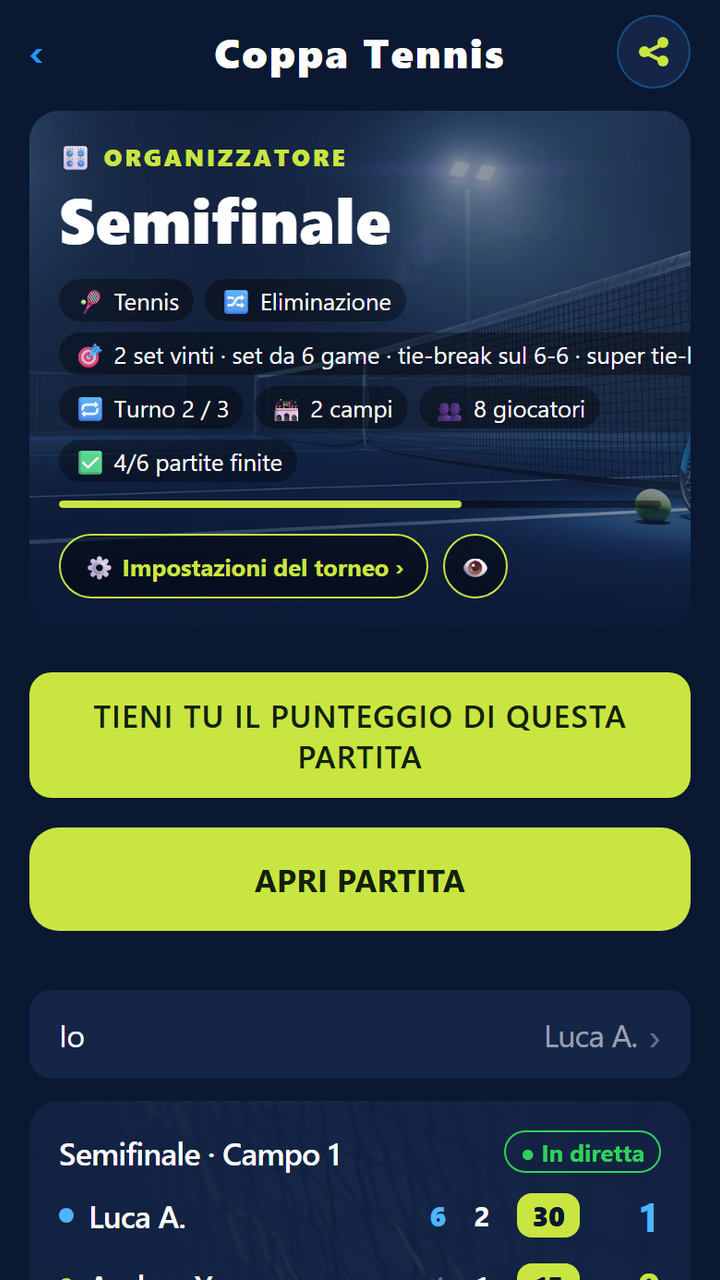Schermata dell'organizzatore: eliminazione di tennis, regola dei set classici e semifinale live