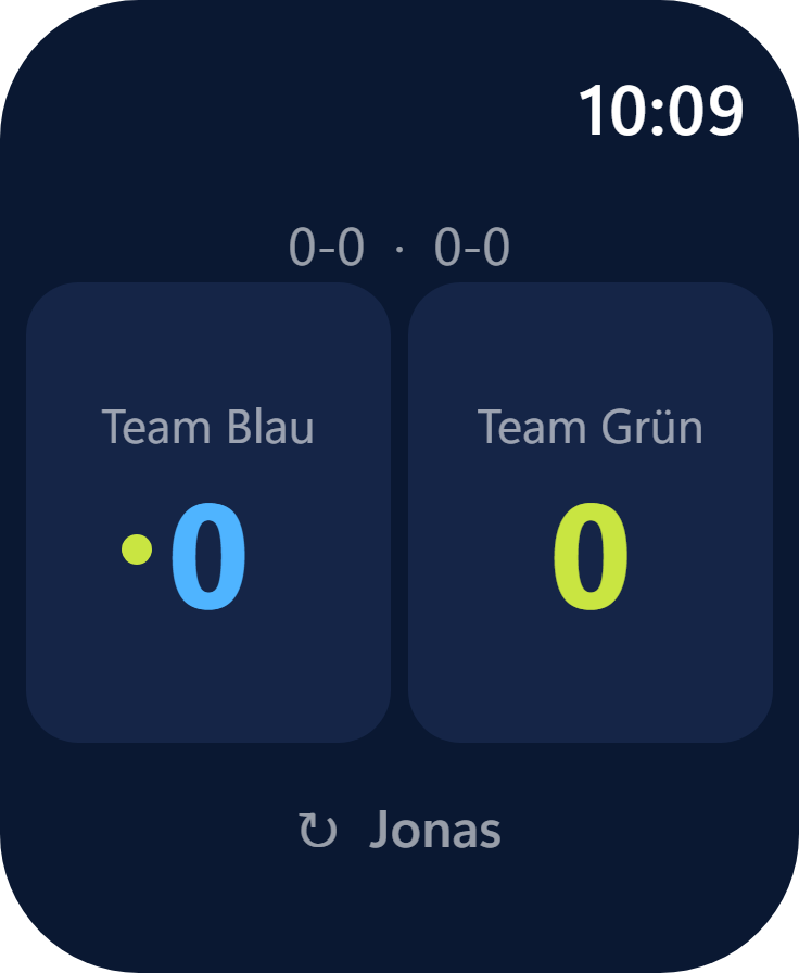 Vor dem Matchstart zeigt die untere Taste auf der Uhr den Namen des ersten Aufschlägers