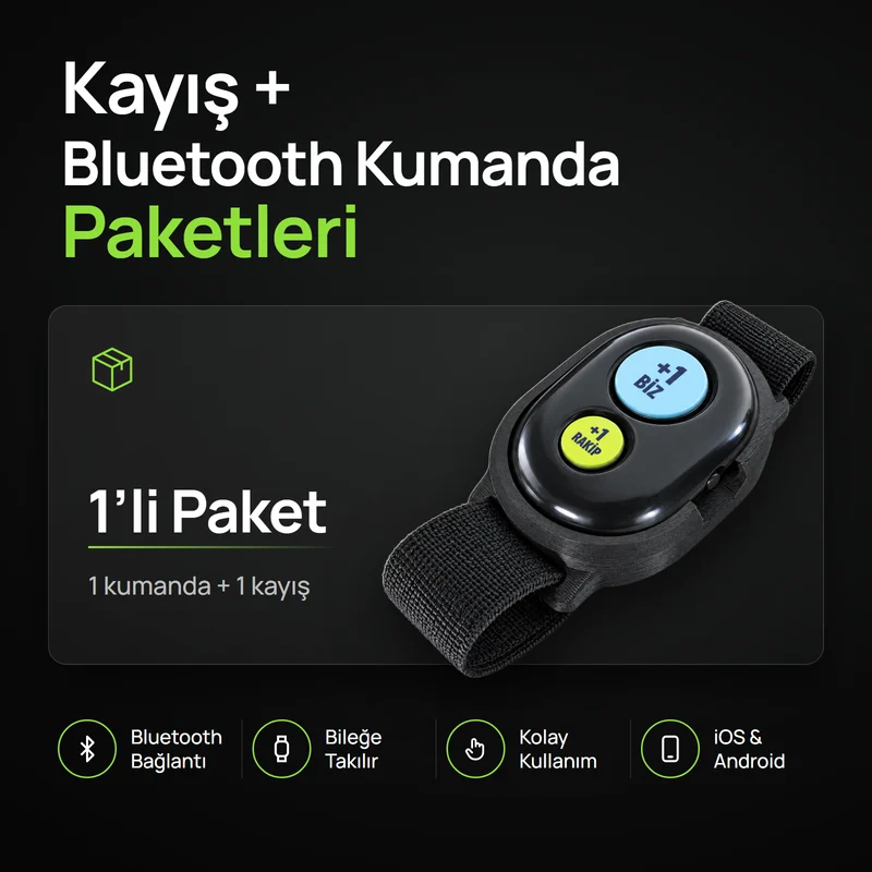 Kayış + Bluetooth Kumanda 1&rsquo;li Paket: bileğe takılan siyah kayışlı yuvada, +1 Biz ve +1 Rakip tuşlu kumanda
