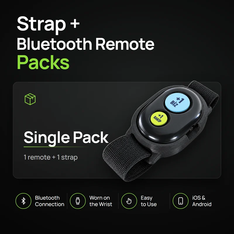 Cinturino + telecomando Bluetooth Confezione singola: telecomando con tasti +1 Biz e +1 Rakip in un supporto nero con cinturino da polso
