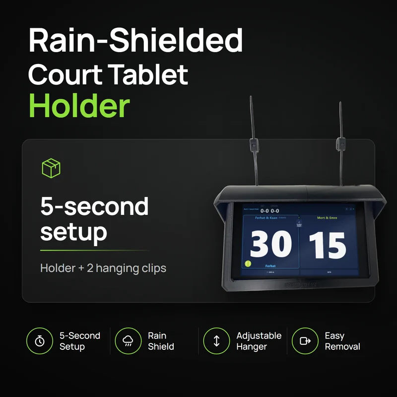 Supporto tablet da campo: supporto nero con visiera, un tablet con il punteggio e due clip di aggancio