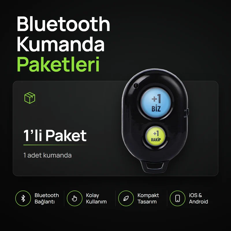 1&rsquo;li paket: iki yuvarlak tuşlu siyah Bluetooth skor kumandası, koyu zemin üzerinde