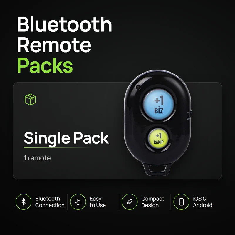Confezione singola: telecomando Bluetooth nero per il punteggio con due tasti rotondi, su sfondo scuro