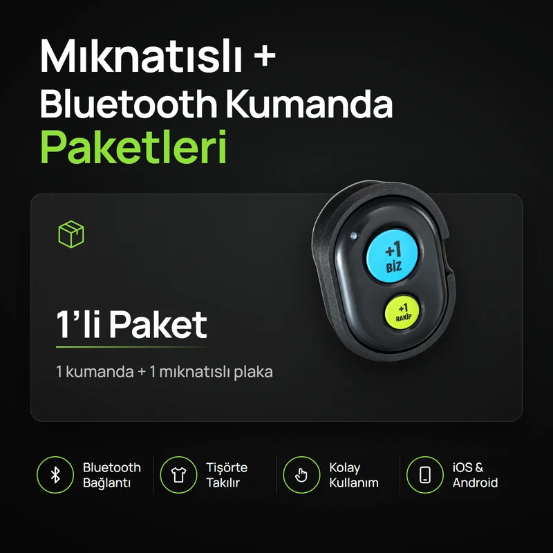 Mıknatıslı Bluetooth Kumanda 1&rsquo;li Paket: siyah mıknatıslı yuvada, +1 Biz ve +1 Rakip tuşlu kumanda