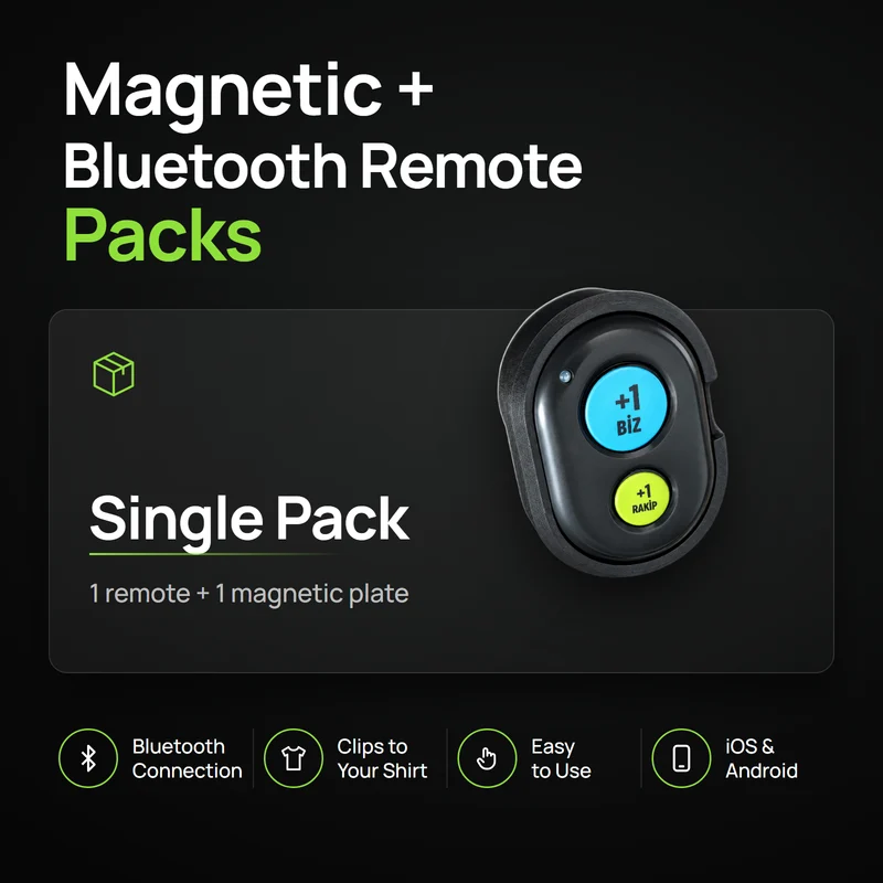Telecomando Bluetooth magnetico Confezione singola: telecomando con tasti +1 Biz e +1 Rakip in un supporto magnetico nero
